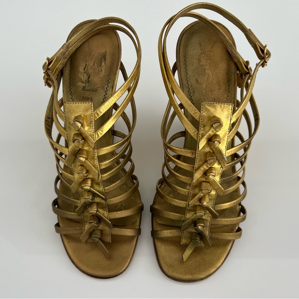 YVES SAINT LAURENT BRONZE GOLD GLADIATOR WEDGE SANDALS SIZE IT 37.5 / US 7.5